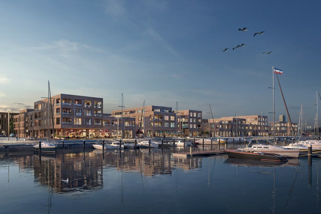 Rendering des Stadtquartiers Baltique, das direkt an der Trave gelegen, derzeit im Lübcker Stadtteil Travemünde ensteht.